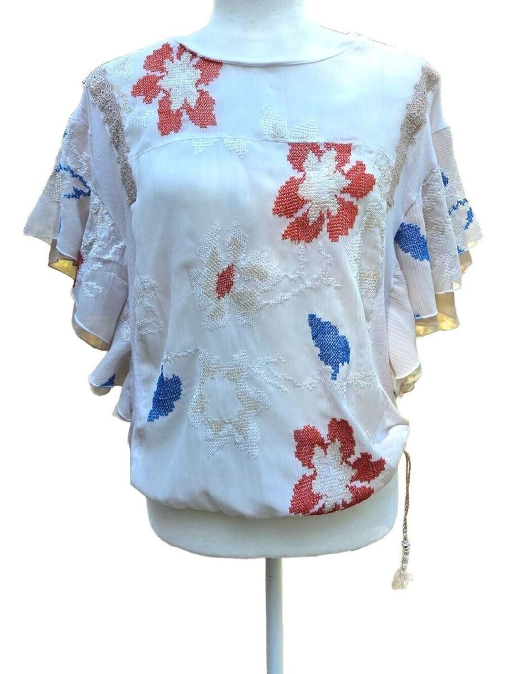 Boho Embroidered Whimsy Linen Blend Blouse White Red Blue Flowy Ruffle Sleeve M